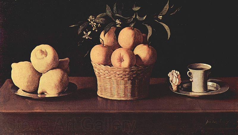 Francisco de Zurbaran Plato con limones cesta con naranjas y taza con una rosa